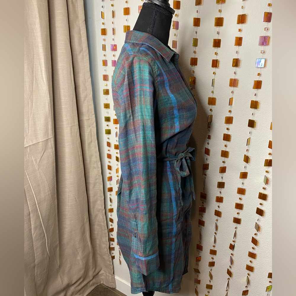 Plaid Button-Front Shirt Dress with Tie Waist - Teal Multi - Picture 6 of 11